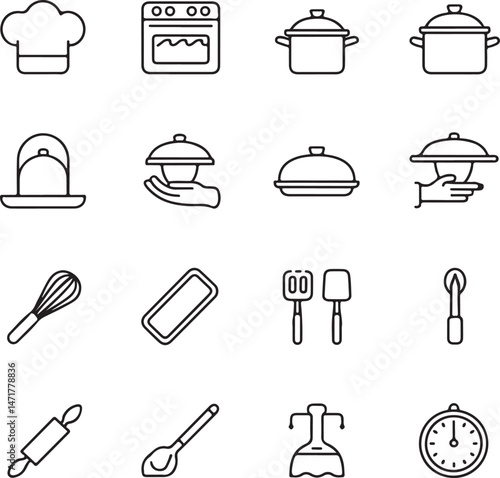 A modern, minimalistic cooking icon set in black and white line art style, displayed on a clean white background.