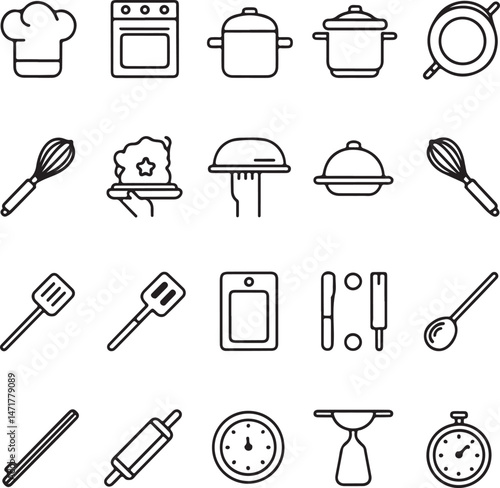 A modern, minimalistic cooking icon set in black and white line art style, displayed on a clean white background.