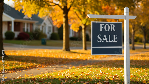 For Sale Sign in Front of House in Autumn 
