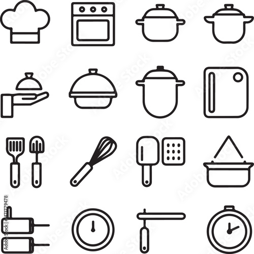 A modern, minimalistic cooking icon set in black and white line art style, displayed on a clean white background.