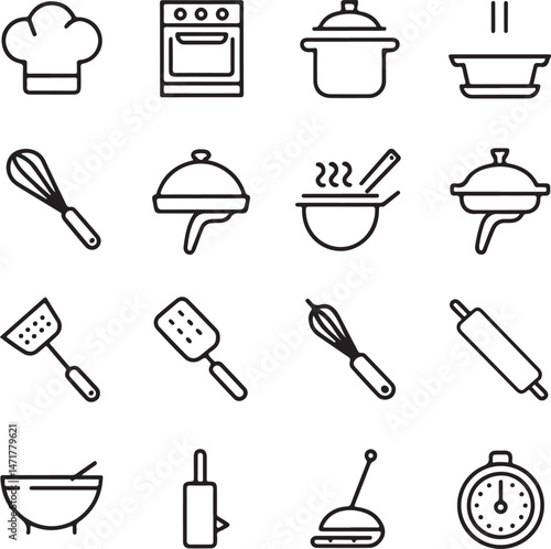  A modern, minimalistic cooking icon set in black and white line art style, displayed on a clean white background.