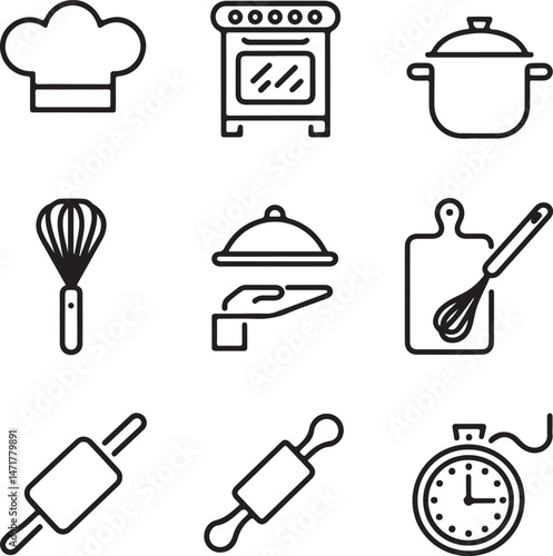 A modern, minimalistic cooking icon set in black and white line art style, displayed on a clean white background.