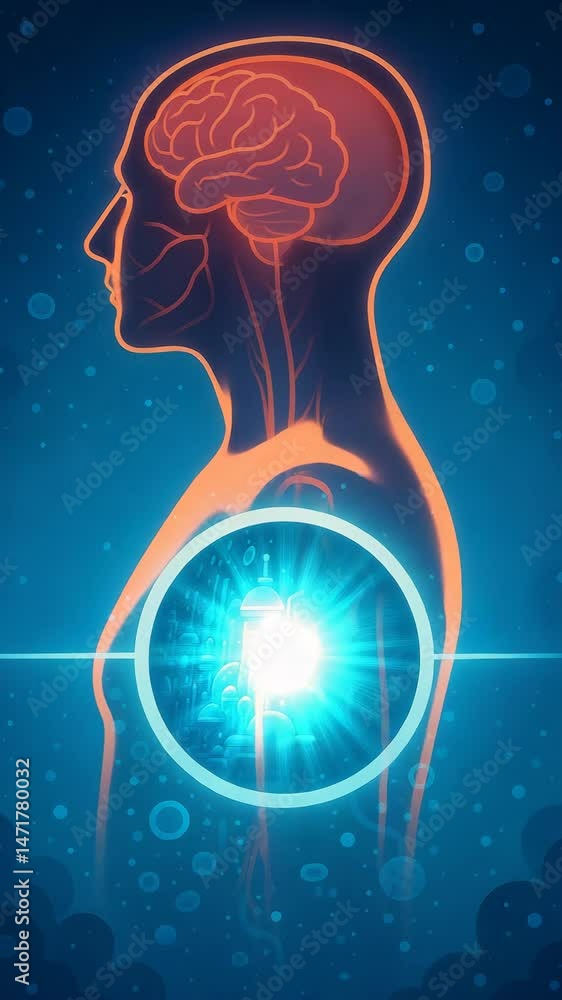 Glowing brain and heart connection in futuristic human body – glowing ...
