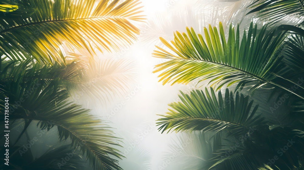 Obraz premium Lush Tropical Palm Leaves Sunlight Foggy Background