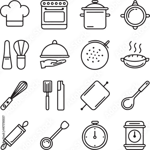 A modern, minimalistic cooking icon set in black and white line art style, displayed on a clean white background.