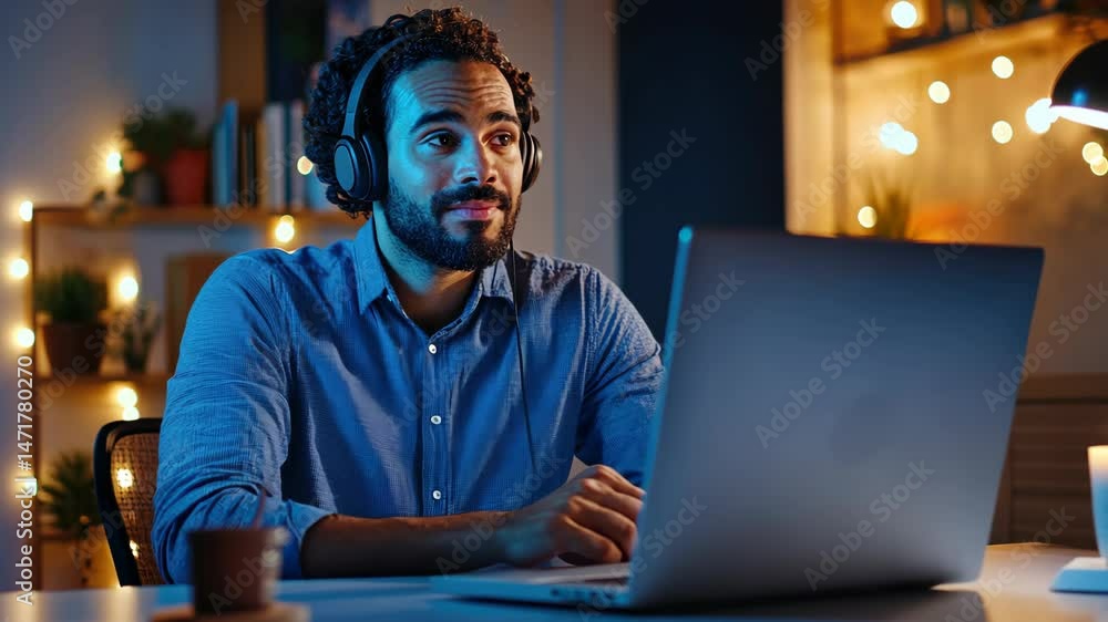 A man with headphones using a laptop computer in a dimly lit room. He appears focused and professional. A man with headphones using a laptop computer in a dimly lit room. He appears focused and professional.