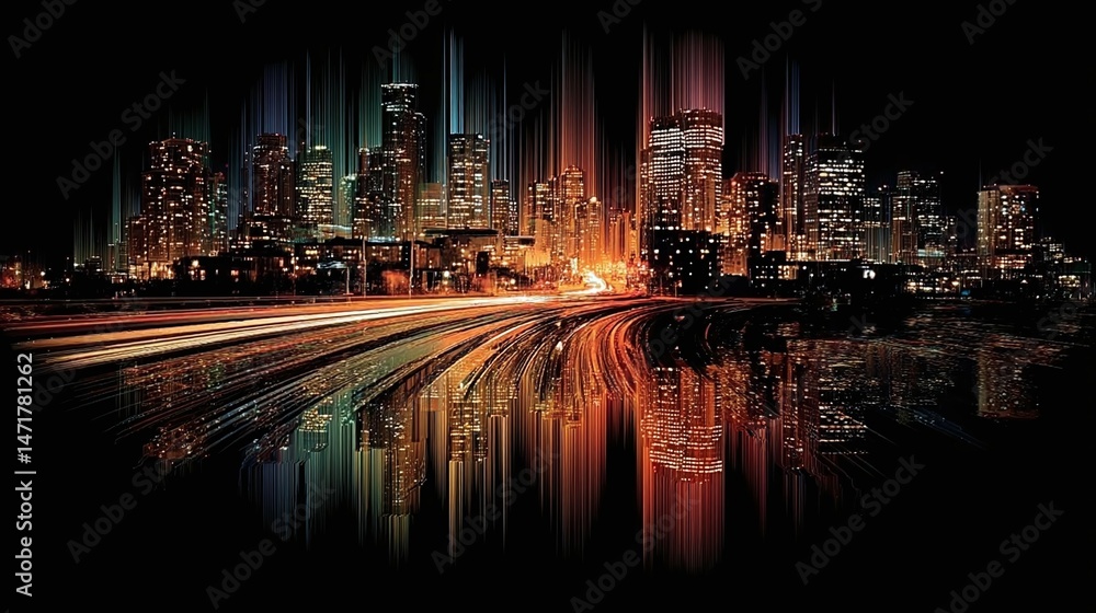 Fototapeta premium City skyline at night with blurred lights creating motion effect.