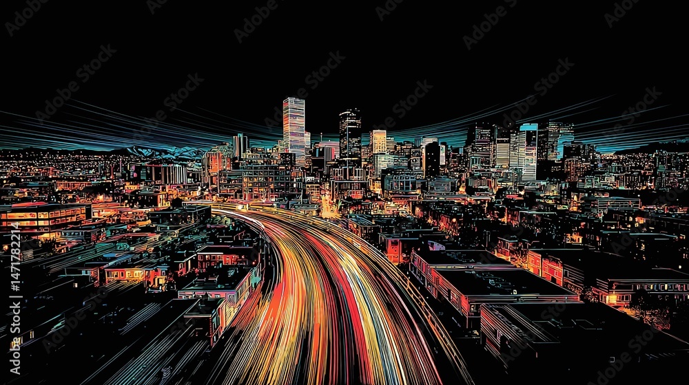 Obraz premium City skyline at night with blurred lights from traffic on a road.