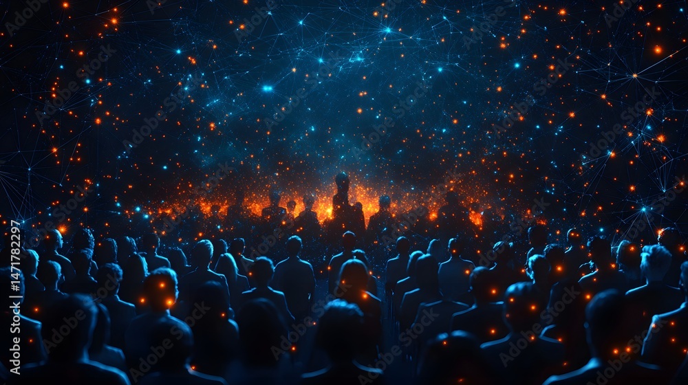 Fototapeta premium A captivating scene unfolds with a crowd enthralled by an illuminated backdrop and a glowing network above. Blue and orange dots create a mesmerizing web, Abstract dark blue wireframe.