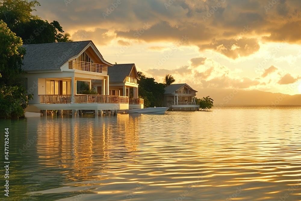 Fototapeta premium Luxury beachside villas with sunset sky reflecting on calm ocean water