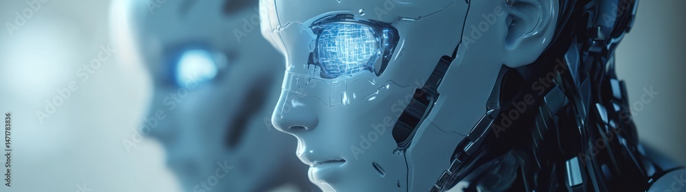 Close-up profile view of futuristic robotic heads Close-up profile view of futuristic robotic heads