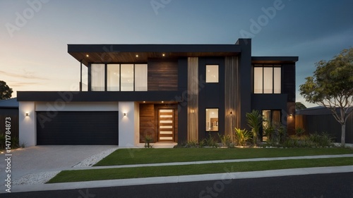 Stunning two-level modern house at dusk in urban australia with contemporary design and welcoming ambiance highlighted by soft lighting
