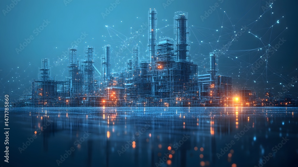 Naklejka premium Futuristic industrial complex rendered in blueprint style, showcasing intricate towers and pipes with glowing lights, symbolizing advanced technological progress. Abstract dark blue wireframe