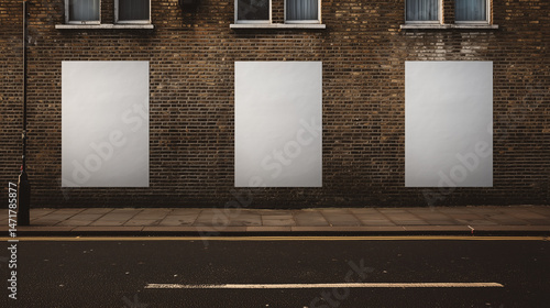 3 Vertical white blank poster mockup pasted on clean city brick wall, urban environment,