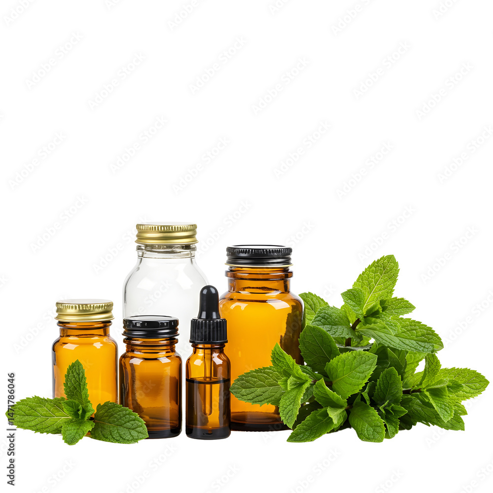 Assorted essential oil bottles with fresh mint leaves
Assorted essential oil bottles with fresh mint leaves