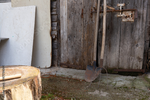 Old, rusty shovel and pitchfork leaning against a weathered wooden barn door. Rustic country scene with a tree stump. Vintage farming tools.