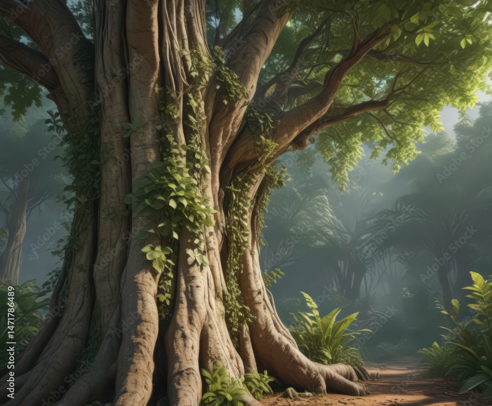 Fototapeta premium Massive tree trunk, climbing vines, dense exotic leaves, overgrown, art