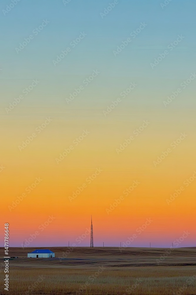 Fototapeta premium Sunrise over a vast, desolate plain. A small, simple building sits on the horizon. Pale, blurred colors fill the sky