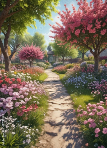 Panoramic spring garden view, vibrant blossoms , nature, flora, plants