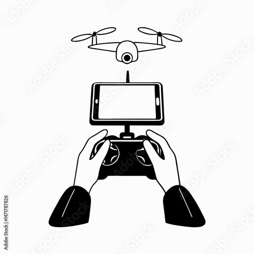 Drone operator with a control remote and screen as the drone flies in the air
