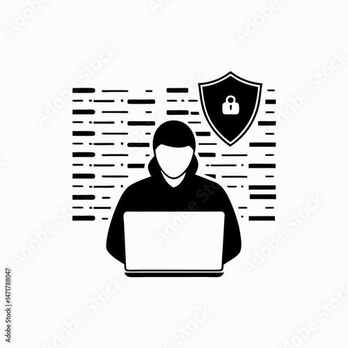 Vector of an ethical hacker at a laptop with a shield icon and code in the background
