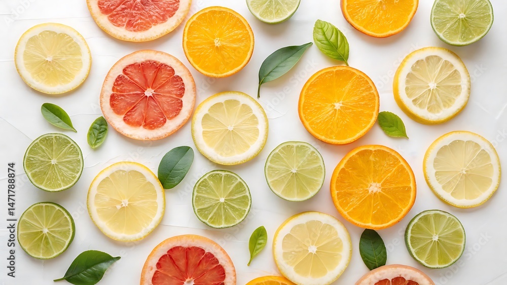 Fresh yellow lemon, green lime, and juicy orange citrus fruit slices create a healthy and vibrant food background Fresh yellow lemon, green lime, and juicy orange citrus fruit slices create a healthy and vibrant food background