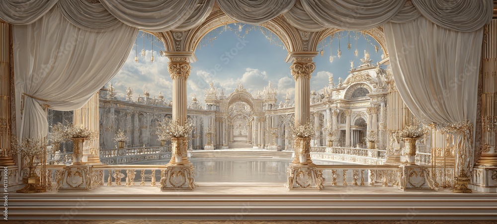 Fototapeta premium Ornate balcony with columns and curtains overlooking a grand architectural cityscape.