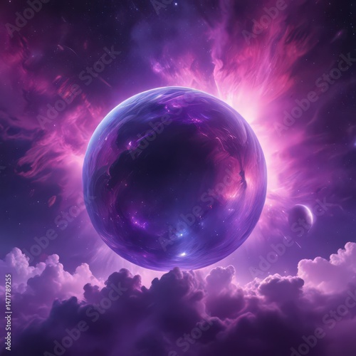 Ethereal orb amidst vibrant purple nebula clouds  Deep space, cosmic scene , night, vibrant, deep space