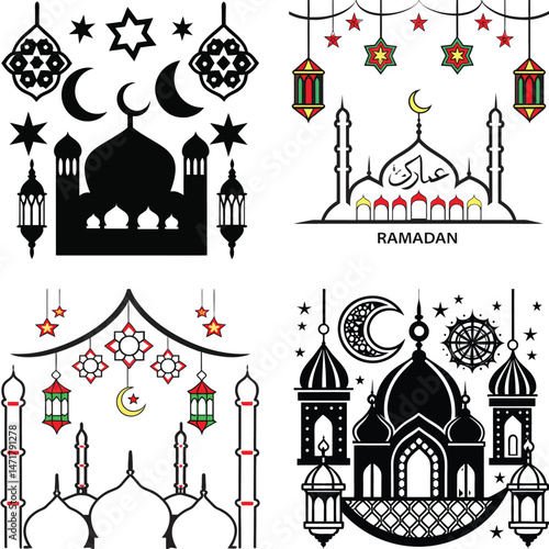 Ramadan Kareem Night Scene with Crescent Moon Stars Lantern and Sweets