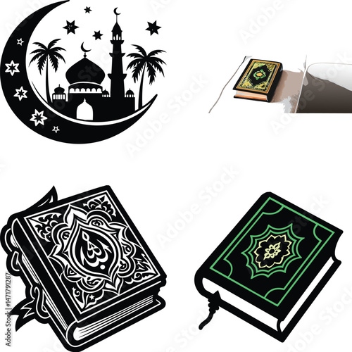 Black and White Illustrations of Muslim People and a Lamb