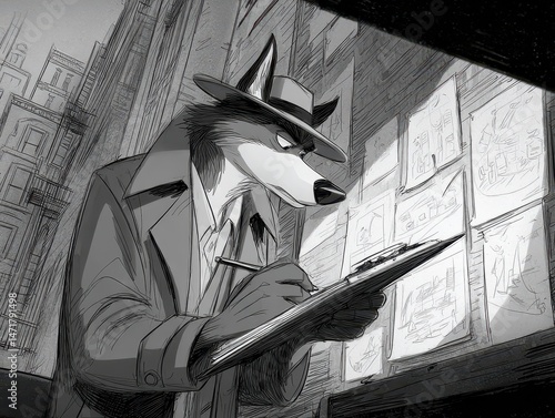 Urban detective taking notes in a grayscale scene.