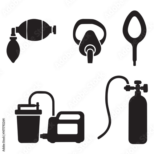Airway Support Equipment Silhouettes – Ambu Bag, CPAP, Laryngeal Mask, Suction Device, Oxygen Tank