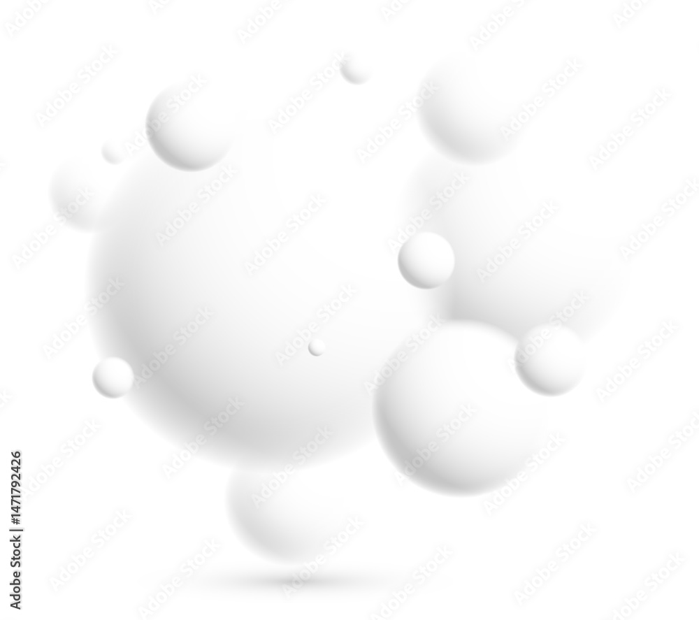 Obraz premium Light and soft 3D defocused spheres vector abstract background, relaxing ambient theme with white balls in levitation, atmospheric wallpaper.