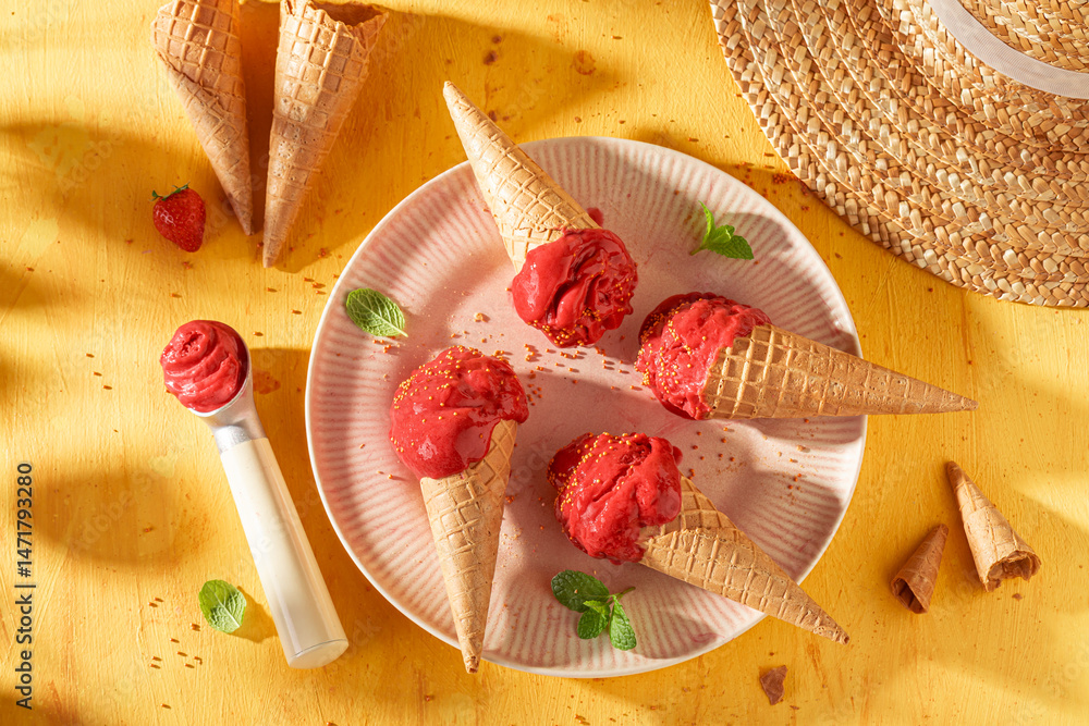 Fresh and tasty strawberry ice cream as a creamy dessert.
