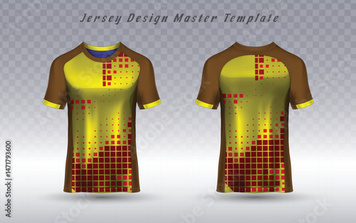Front and back vector jersey template featuring a dynamic abstract scattered square pixelated pattern in red shades on yellow. Customizable apparel mockup for sport teams or esports.