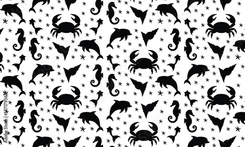 Sea Abstract Underwater Plants Shapes Silhouette Pattern, Coral Reef Plants, Different Types Of Marine Flora Decorative Elements, Abstract Sea Shells, Starfish.