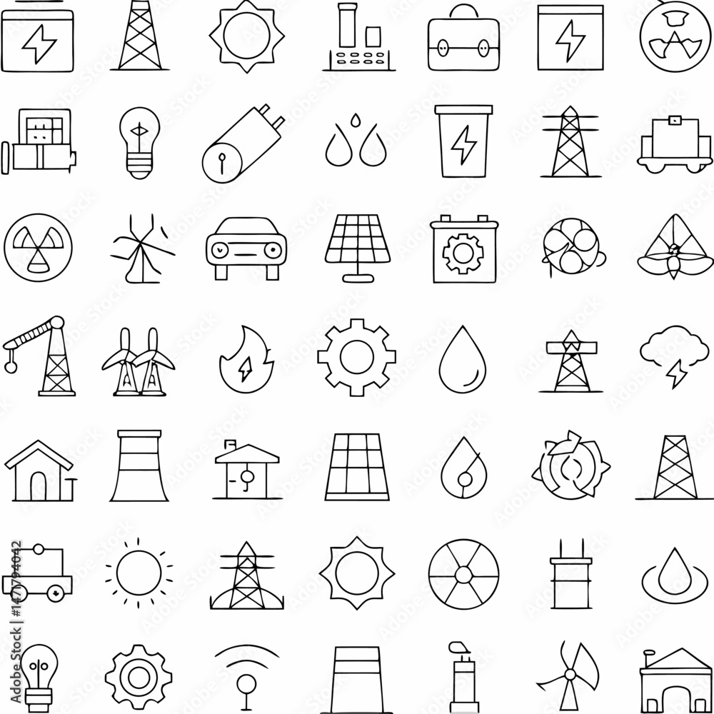 Naklejka premium Black Doodle Icons Set – Vector Symbols for School & Business Design