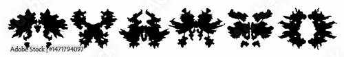 Rorschach Test Inkblots: Series of Symmetrical Black Inkblots on White Background