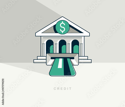 Credit concept poster, bank building with credit card vector icon style illustration, banking plastic card loan metaphor, e-banking transfer.