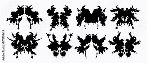 Rorschach Inkblots: 8 Symmetrical Black Inkblots on White Background