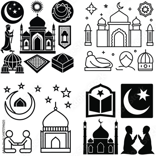 Ramadan Kareem Night Scene with Crescent Moon Stars Lantern and Sweets