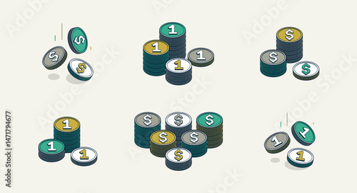 Coin piles vector set, stack of coins 3d isometric bundle, savings treasures and wealth theme, budget, exchange or jackpot concept.