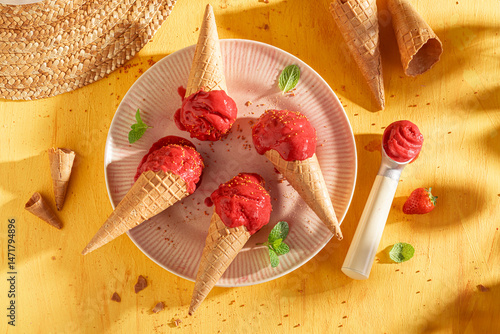 Tasty and homemade strawberry ice cream as a creamy dessert.