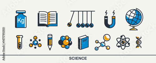 Science vector detailed icons set, school and university education bundle, scientific study and research, physics and chemistry.