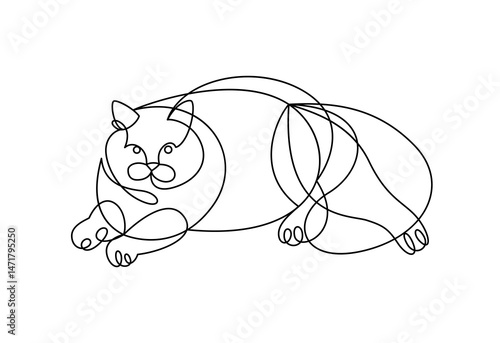 Fat and lazy cat line art vector illustration, linear drawing of pussycat relaxing, minimal outline sketch of cute domestic pet.