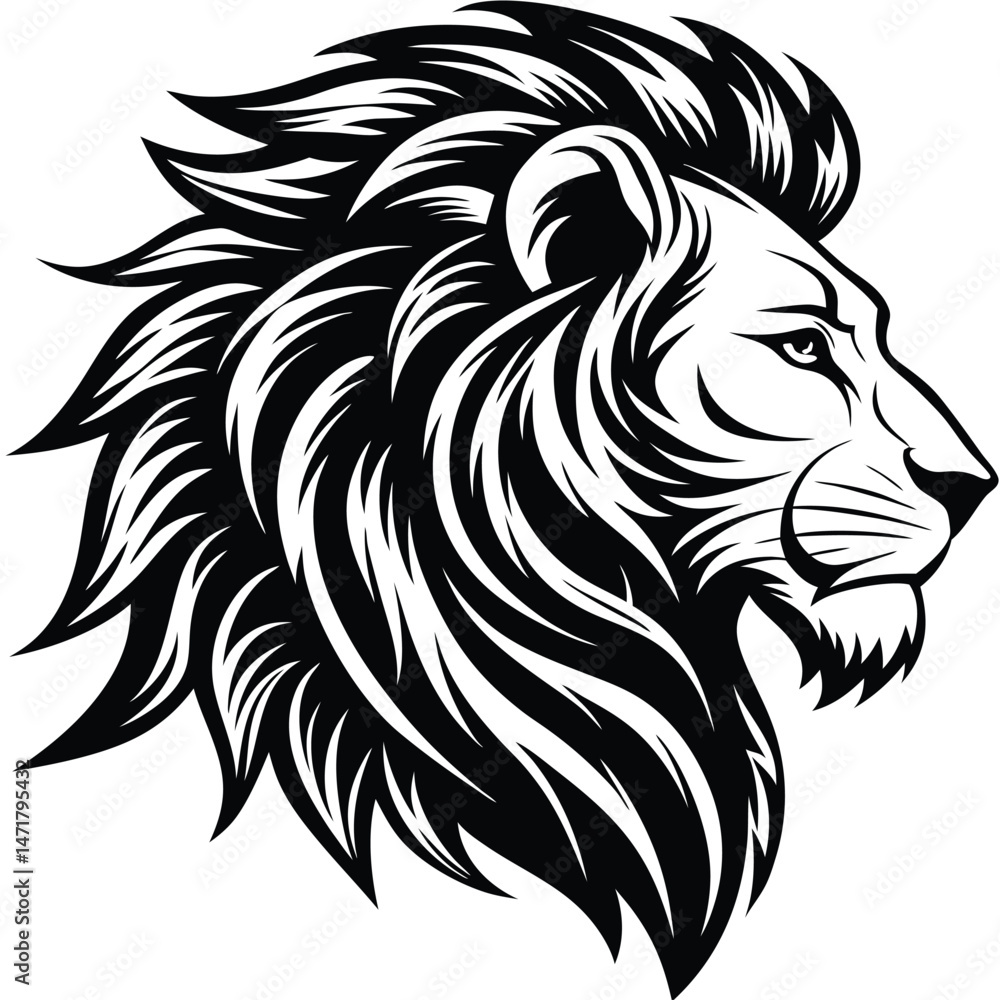Majestic Lion Profile: A bold and powerful lion's head profile, with intricate details in its mane and a striking gaze. The lion's expression conveys strength, pride, and a sense of quiet authority. Majestic Lion Profile: A bold and powerful lion's head profile, with intricate details in its mane and a striking gaze. The lion's expression conveys strength, pride, and a sense of quiet authority.