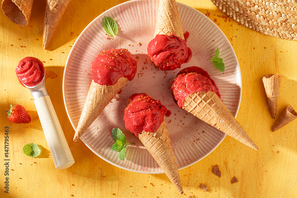 Tasty and homemade strawberry ice cream in a waffle cone.