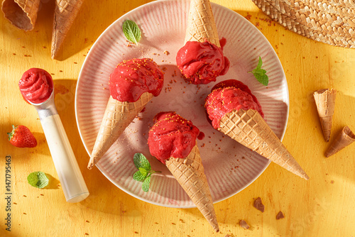 Obraz na płótnie Tasty and homemade strawberry ice cream in a waffle cone. w salonie