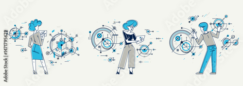Mechanic engineer working on a draft plan vector illustration set, inventor or repair job, engineering machine industry, system technician.