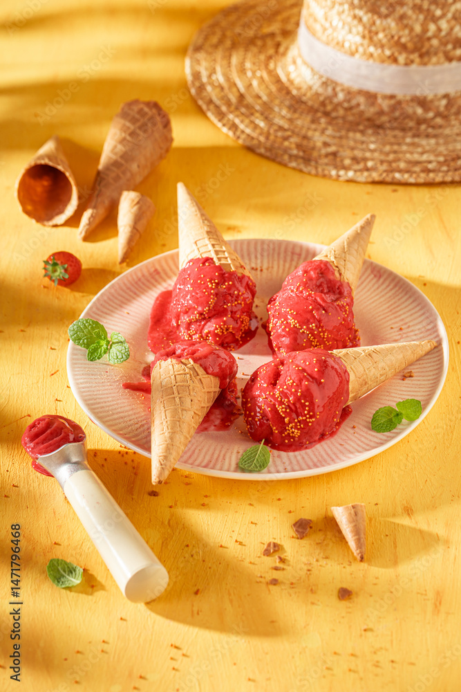 Tasty and homemade strawberry ice cream as a summer dessert.